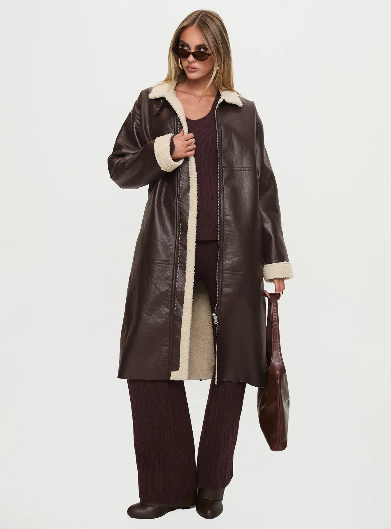 Fashionkova Ammelia Shearling Long-line Jacket Brown