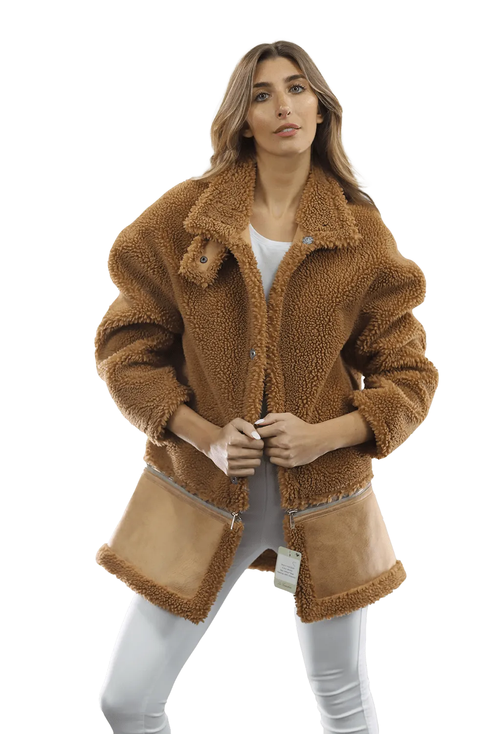 Faux Fur Coat with Zipper detail - Brown