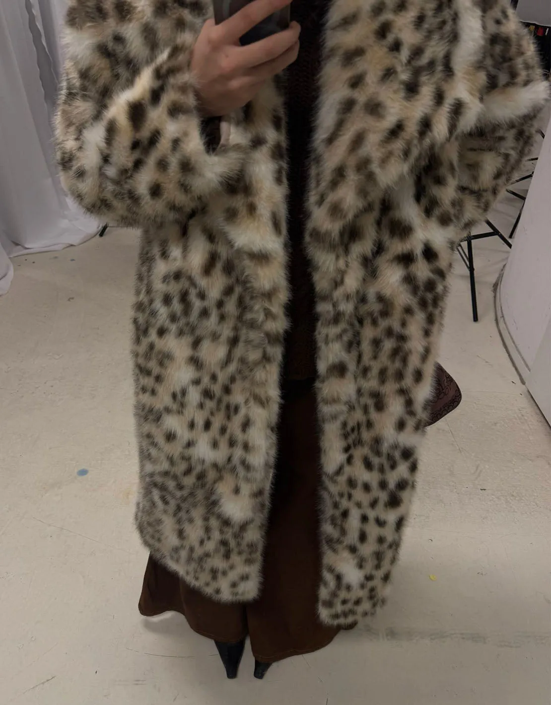 Faux fur leopard print maxi coat