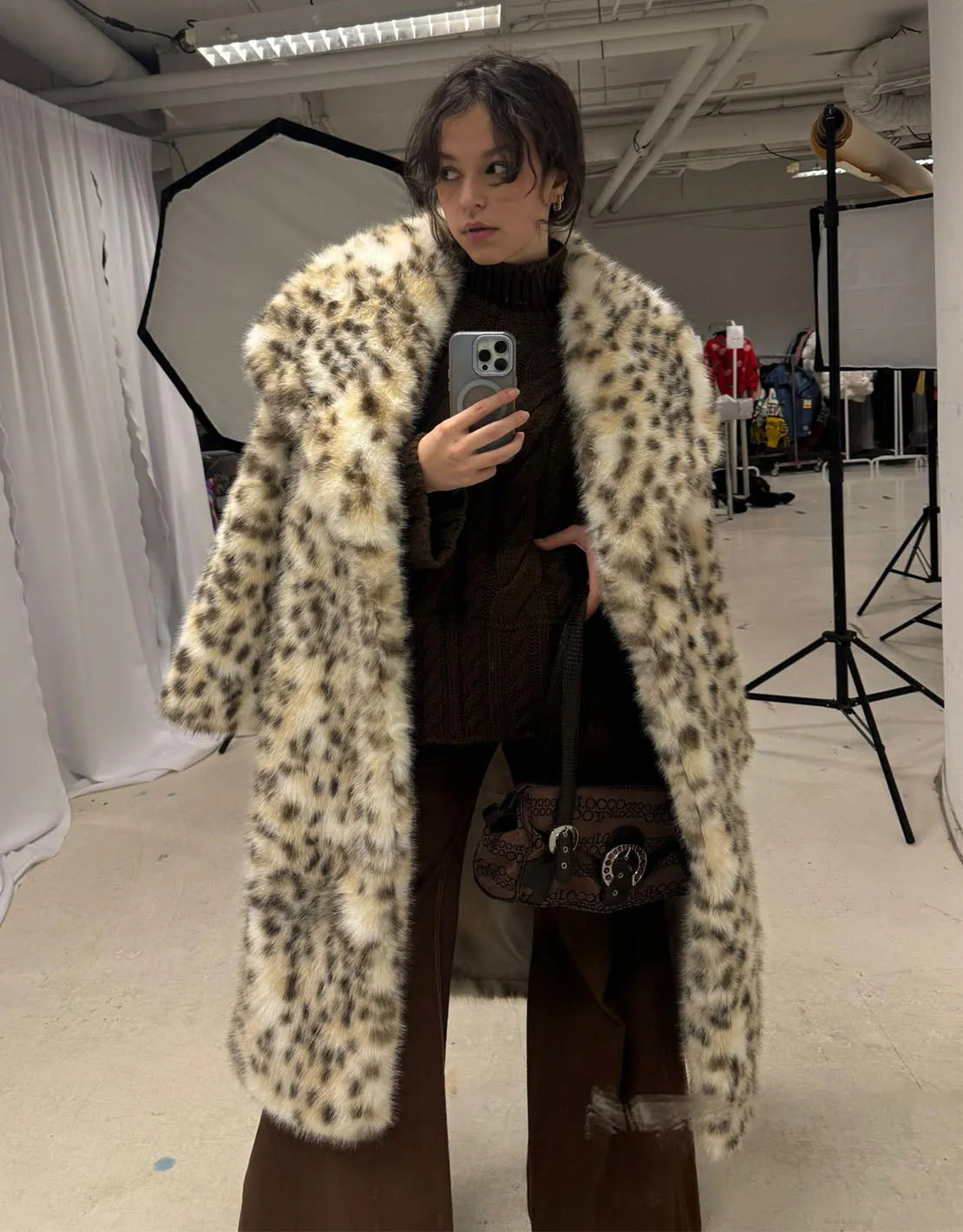 Faux fur leopard print maxi coat