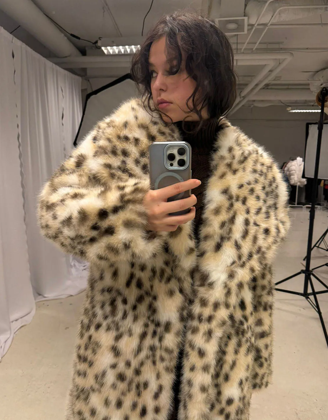 Faux fur leopard print maxi coat