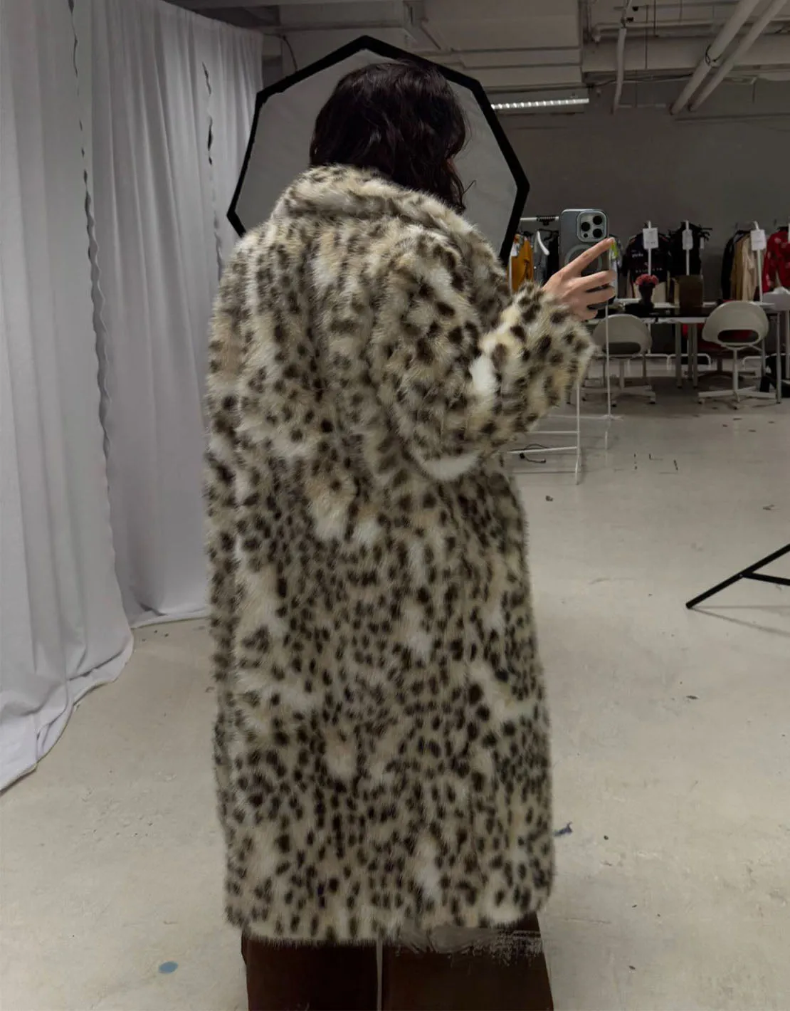 Faux fur leopard print maxi coat