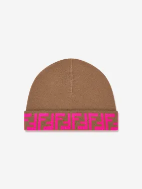 Fendi Girls FF Logo Reversible Beanie in Beige