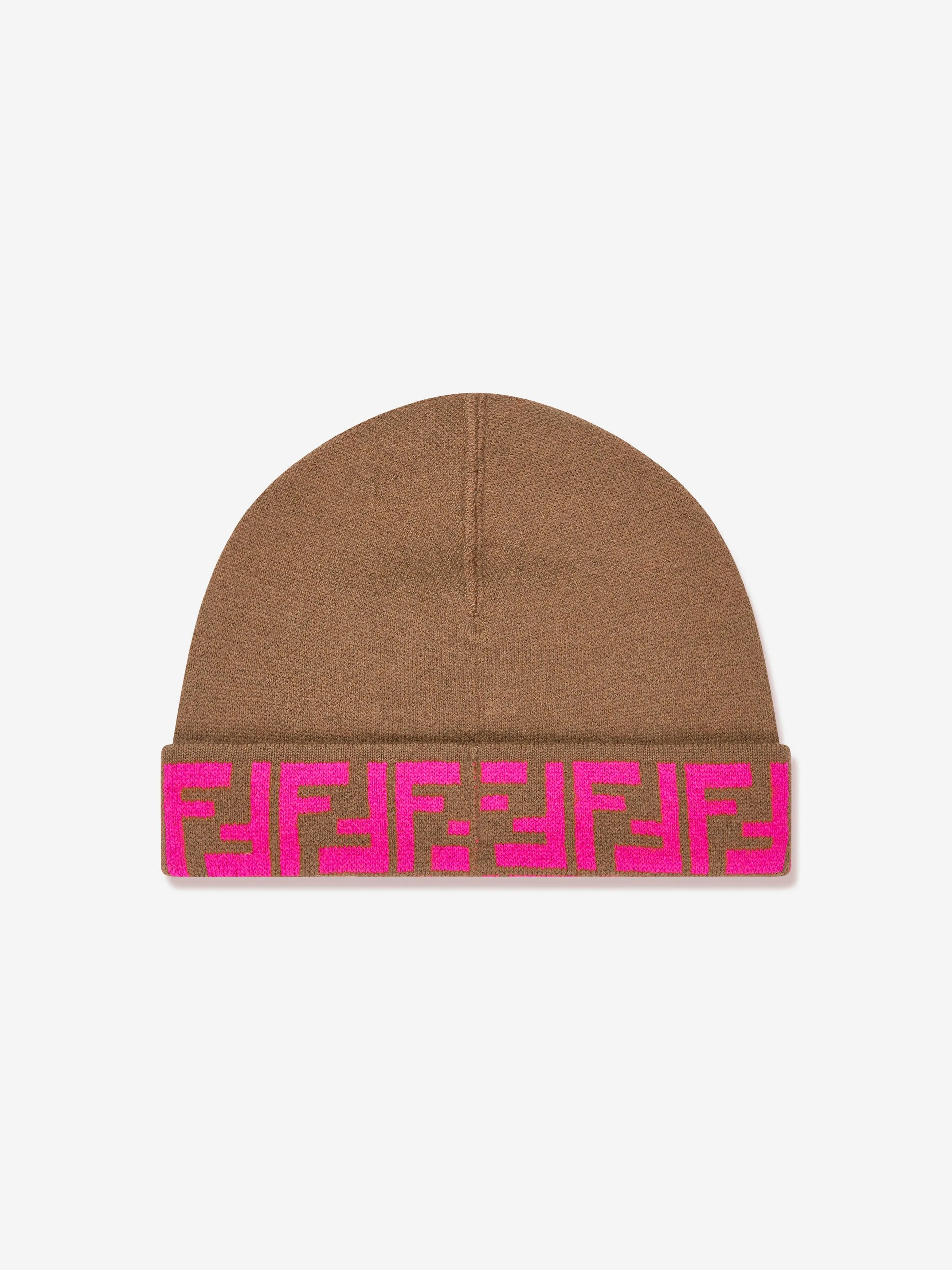 Fendi Girls FF Logo Reversible Beanie in Beige