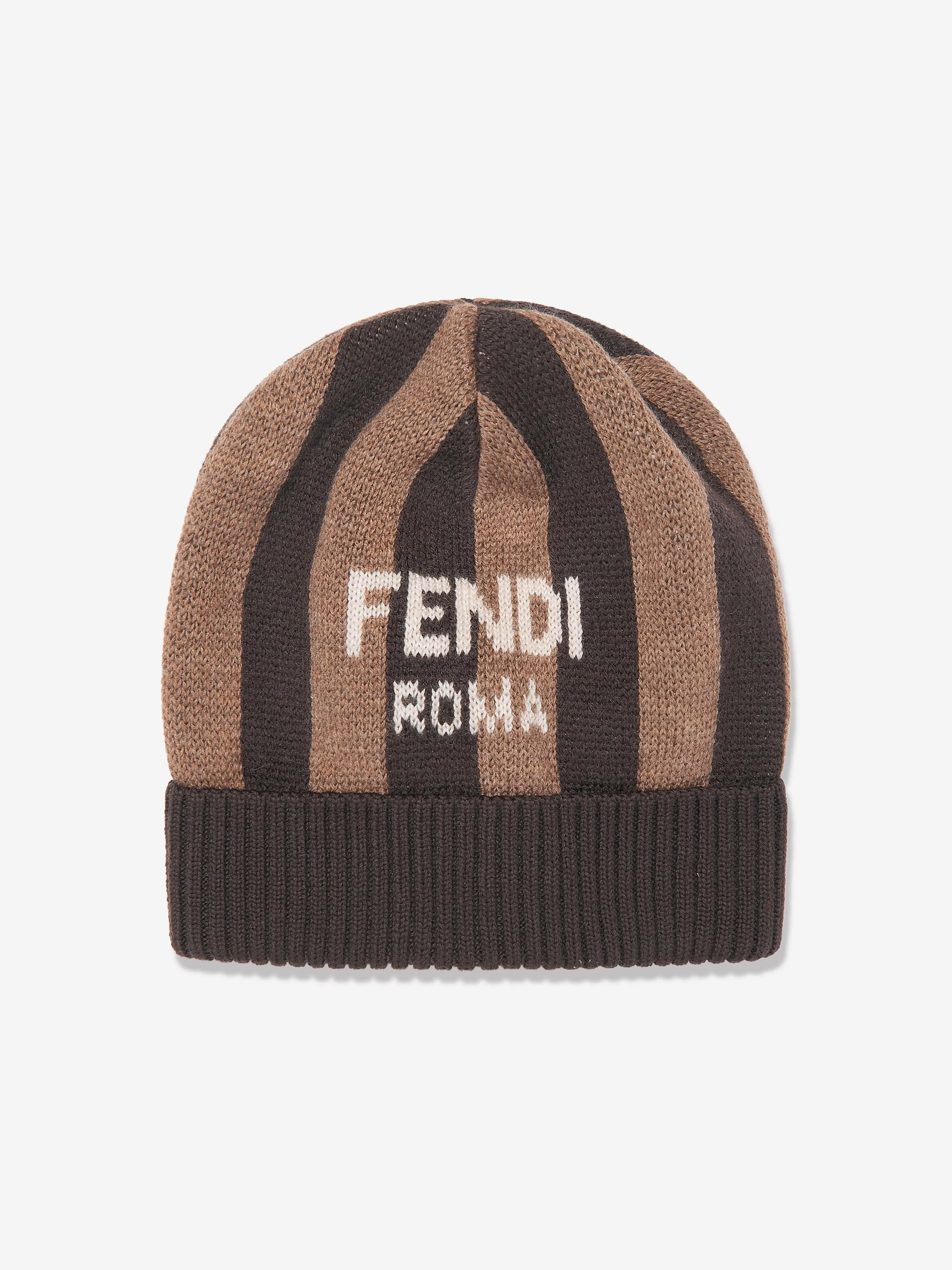 Fendi Kids Wool Roma Beanie Hat in Brown