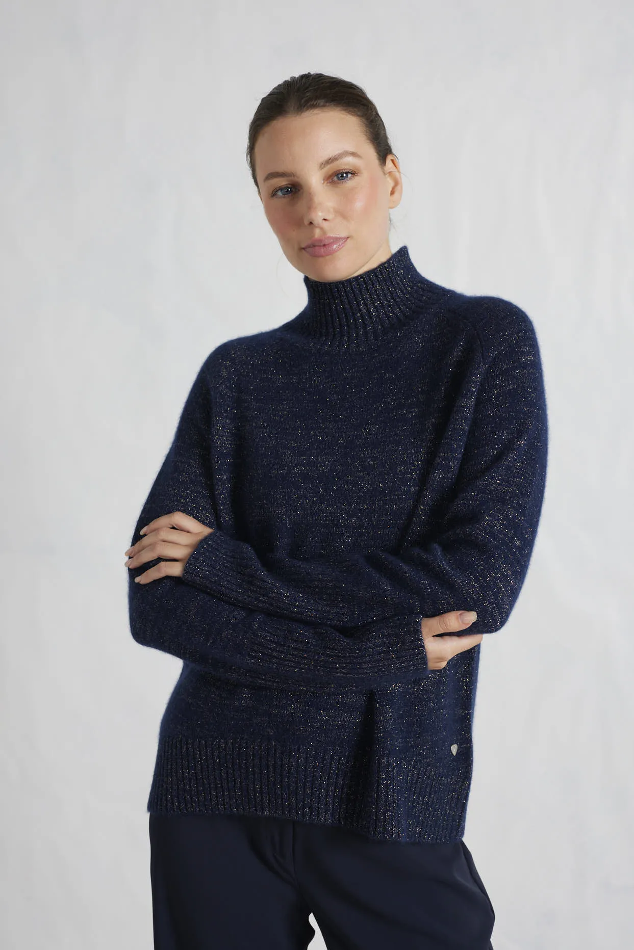 Fifi Polo Cashmere Sweater in Navy Lurex