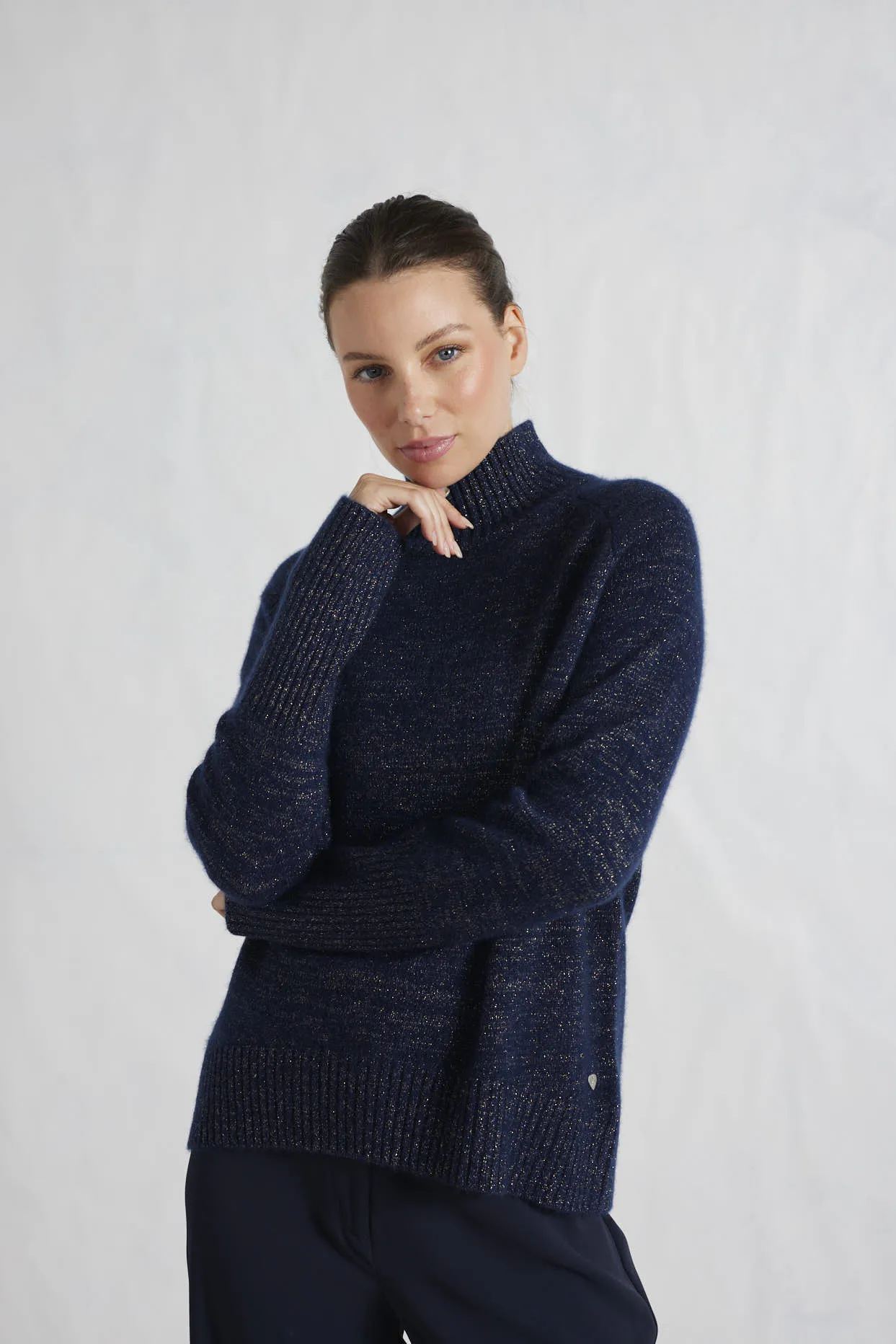 Fifi Polo Cashmere Sweater in Navy Lurex