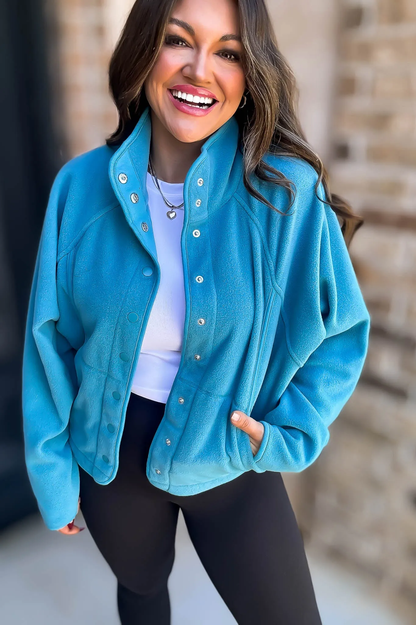 Fleece Turquoise Detail Patched Side Pockets Snap Up Jacket