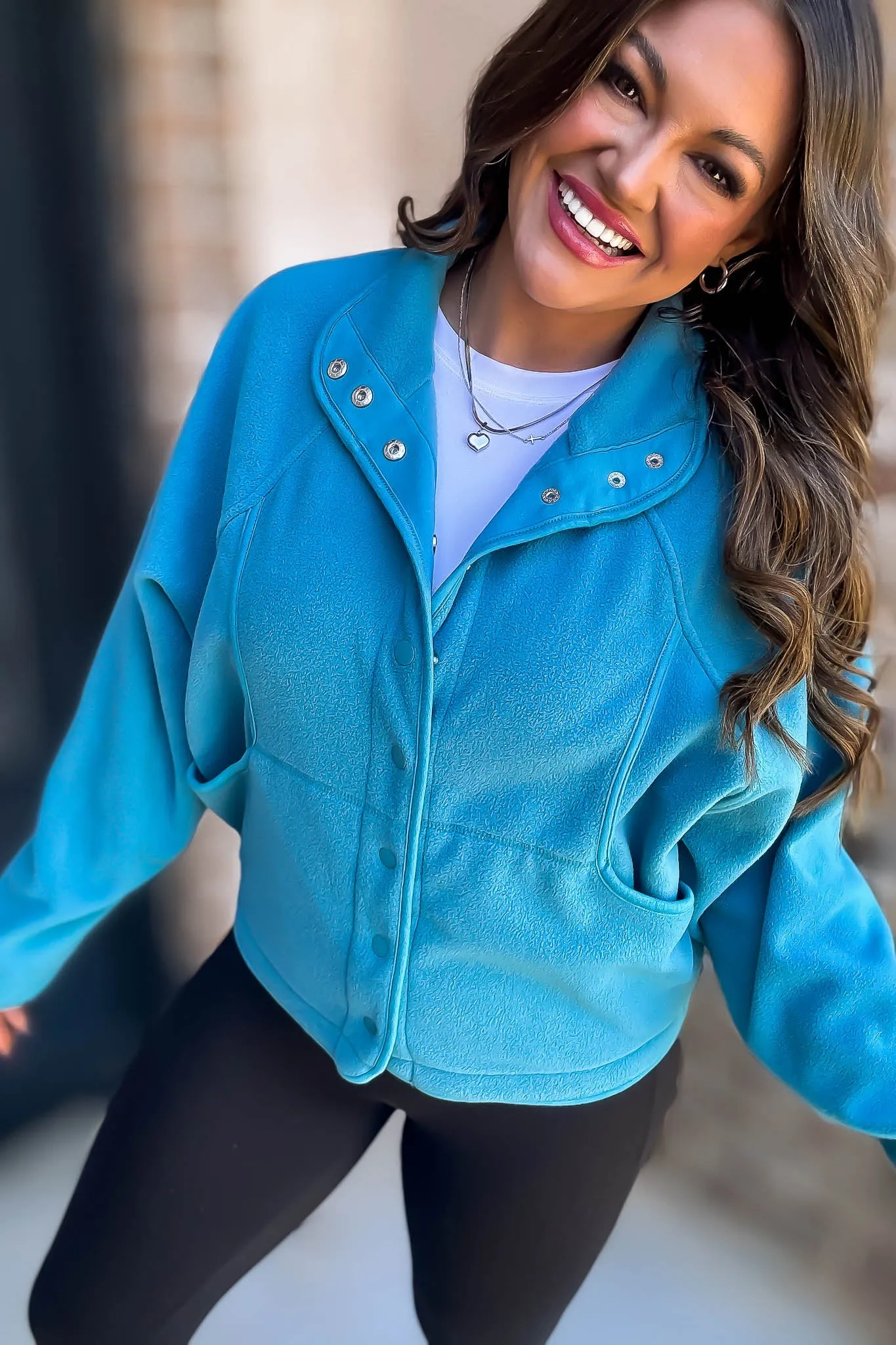 Fleece Turquoise Detail Patched Side Pockets Snap Up Jacket