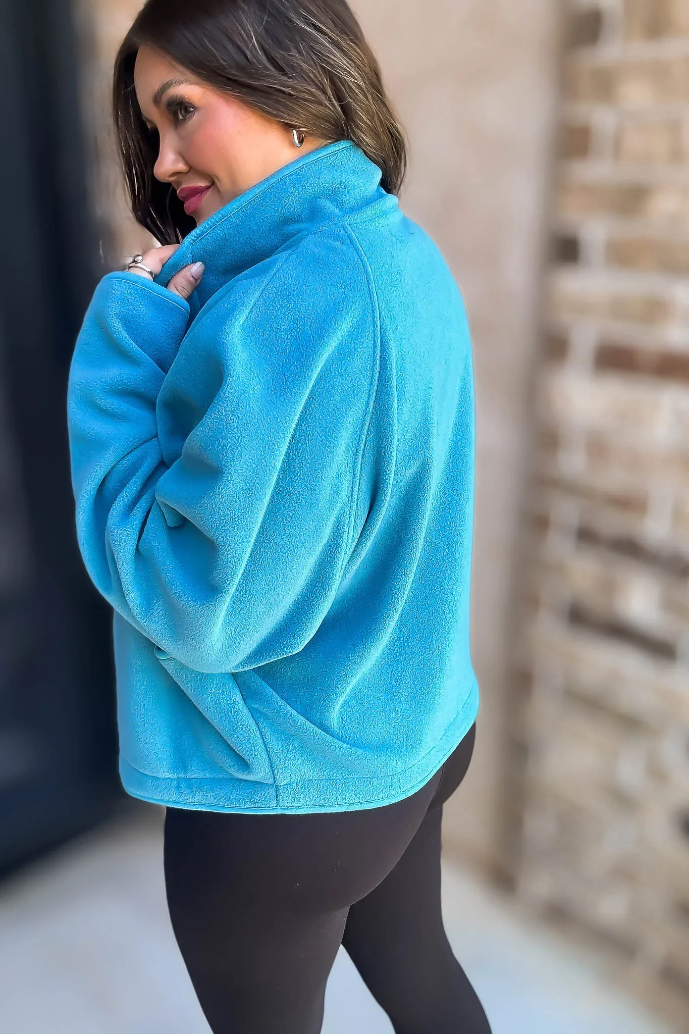 Fleece Turquoise Detail Patched Side Pockets Snap Up Jacket