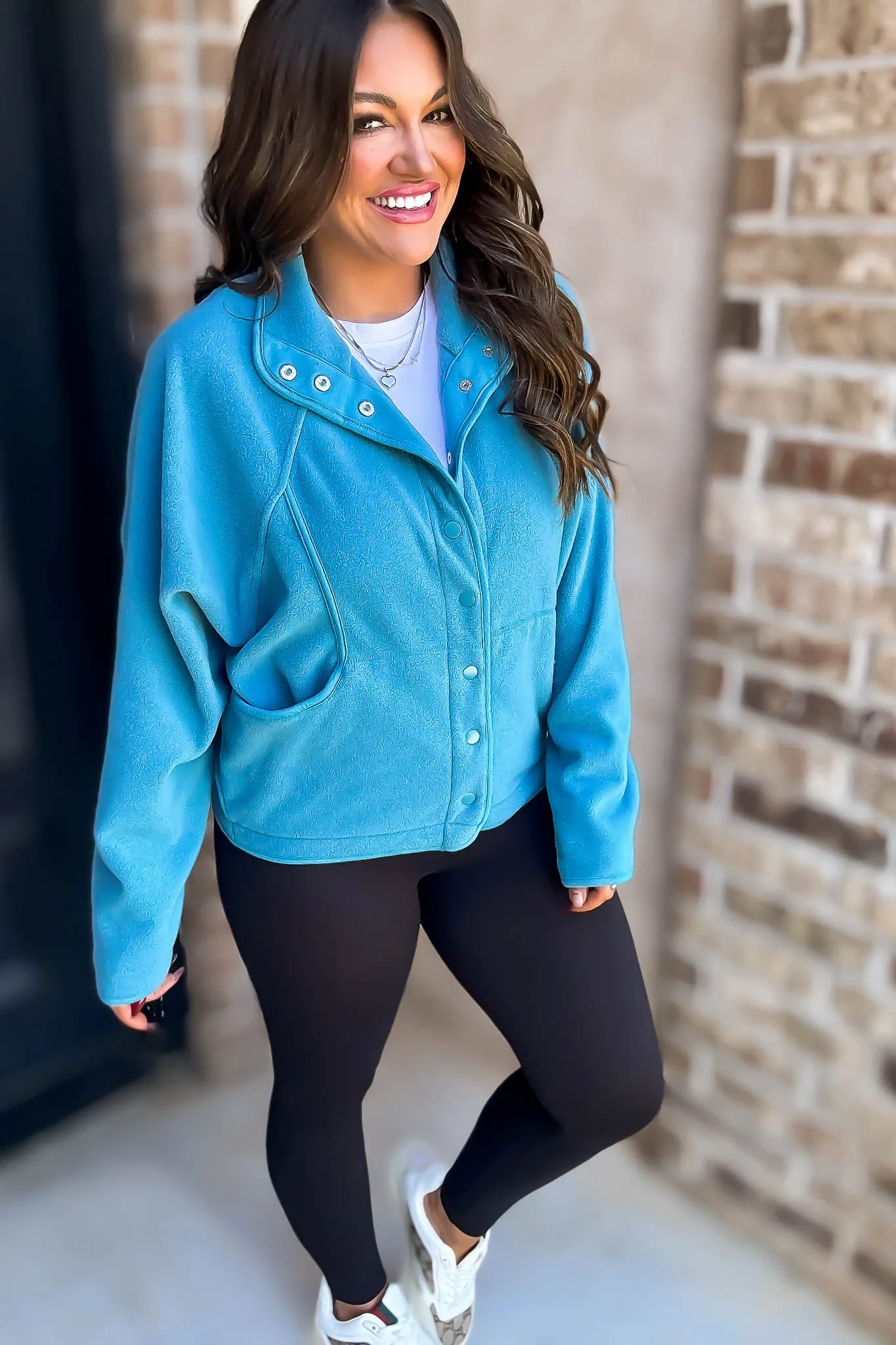 Fleece Turquoise Detail Patched Side Pockets Snap Up Jacket