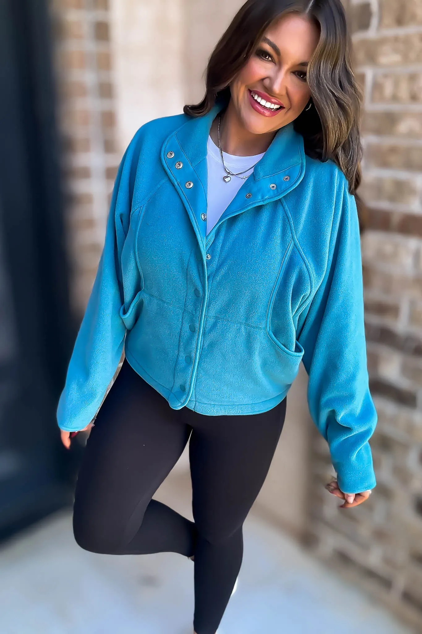 Fleece Turquoise Detail Patched Side Pockets Snap Up Jacket