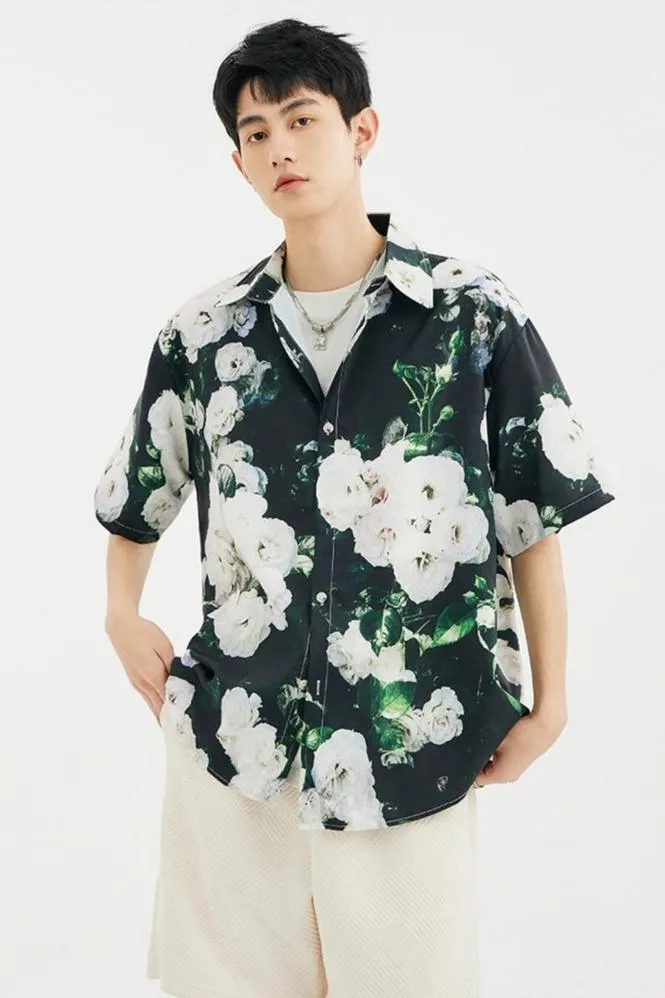 Floral Contrast Print Short Sleeve Button-Up Shirt