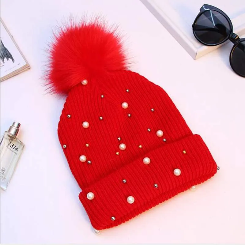 Fluffy Knitted Pompom Winter Beanie Hats with Pearl Beads