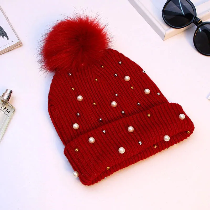 Fluffy Knitted Pompom Winter Beanie Hats with Pearl Beads