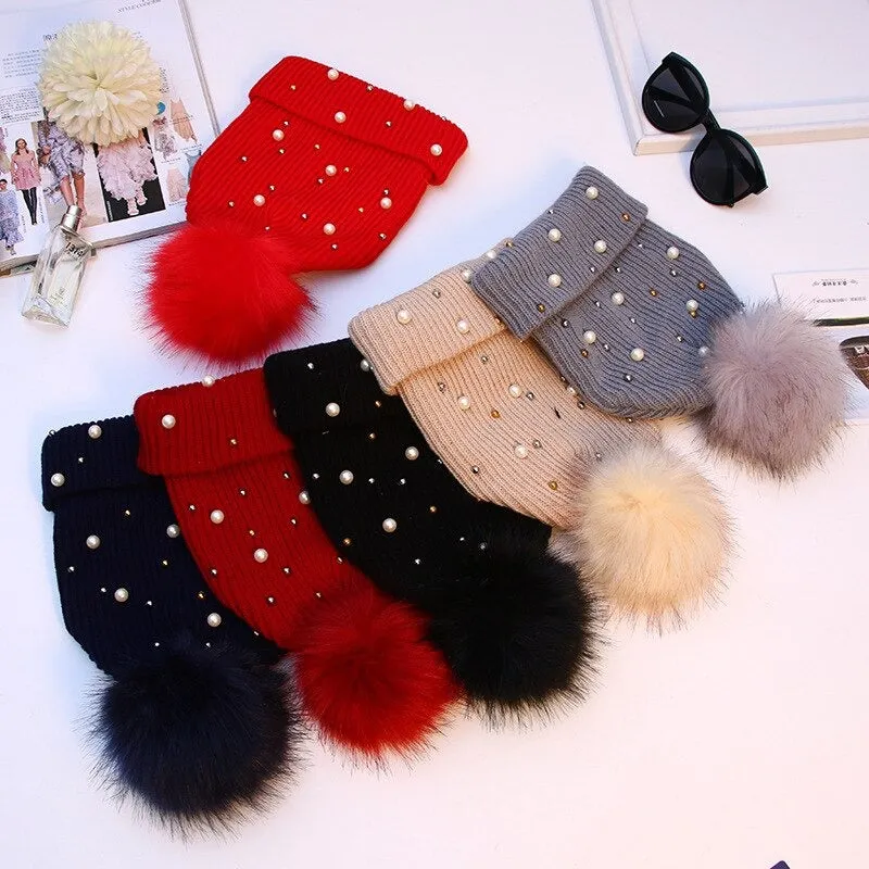 Fluffy Knitted Pompom Winter Beanie Hats with Pearl Beads