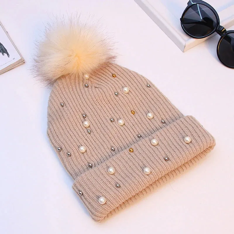 Fluffy Knitted Pompom Winter Beanie Hats with Pearl Beads