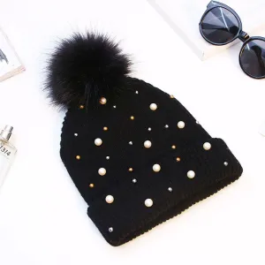 Fluffy Knitted Pompom Winter Beanie Hats with Pearl Beads