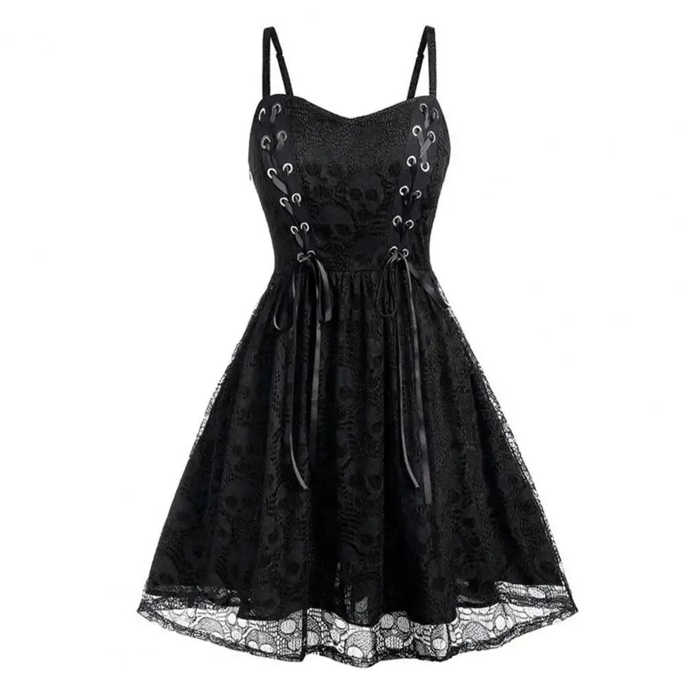 Funki Buys | Dresses | Women's Gothic Skull Lace Mini Dress