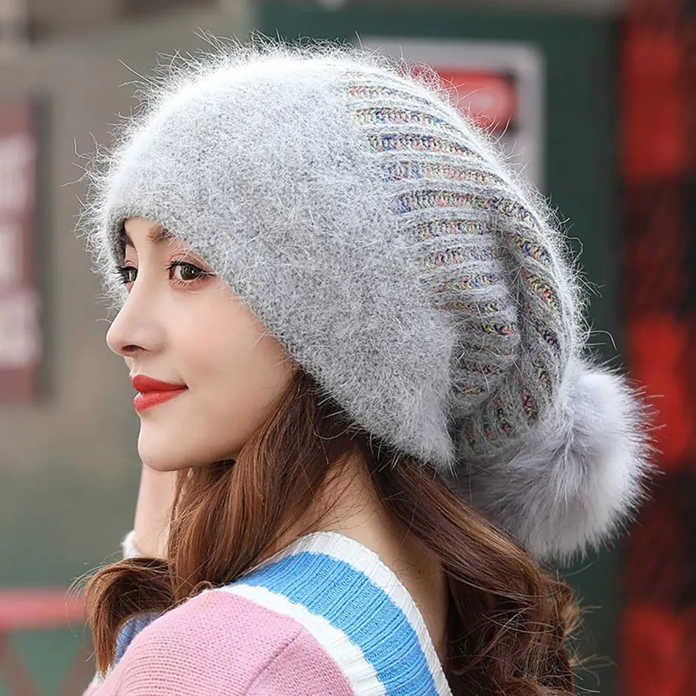 Fur Knit Pom Pom Beanie Hat