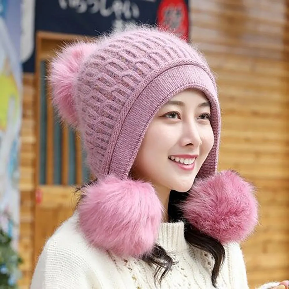 Fur Knit Pom Pom Beanie Hat