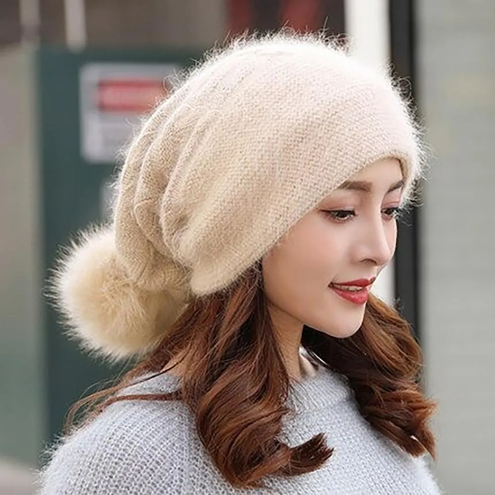 Fur Knit Pom Pom Beanie Hat