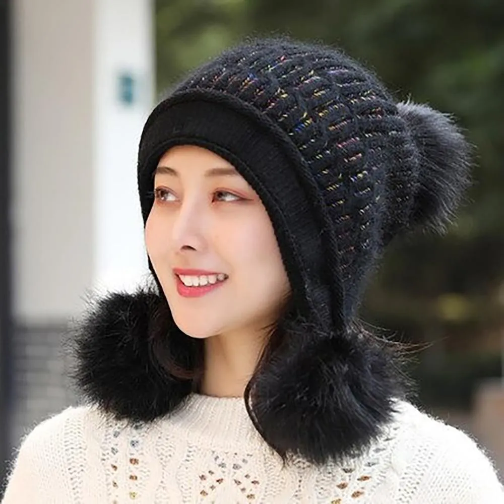 Fur Knit Pom Pom Beanie Hat