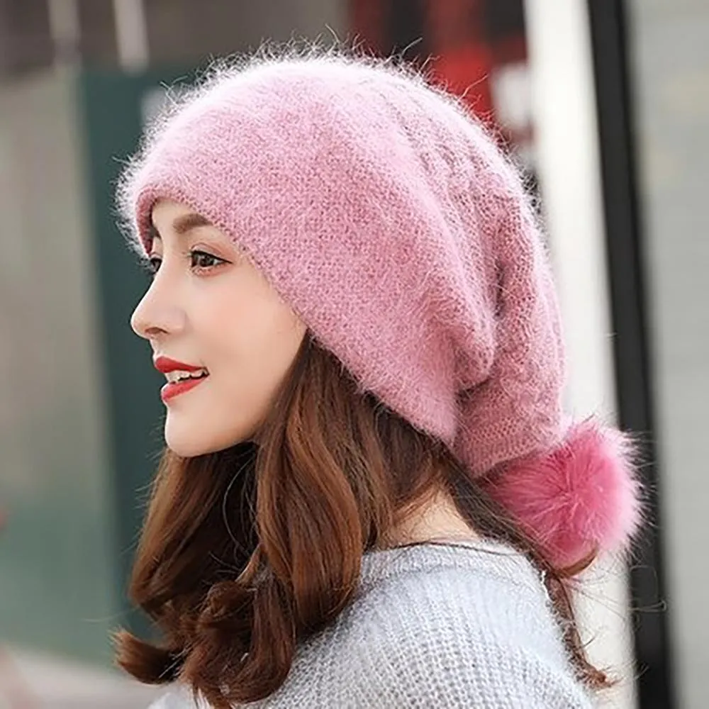 Fur Knit Pom Pom Beanie Hat