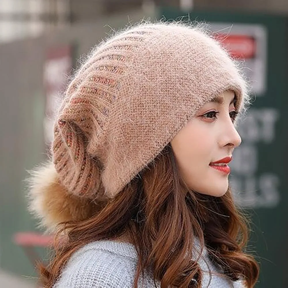 Fur Knit Pom Pom Beanie Hat