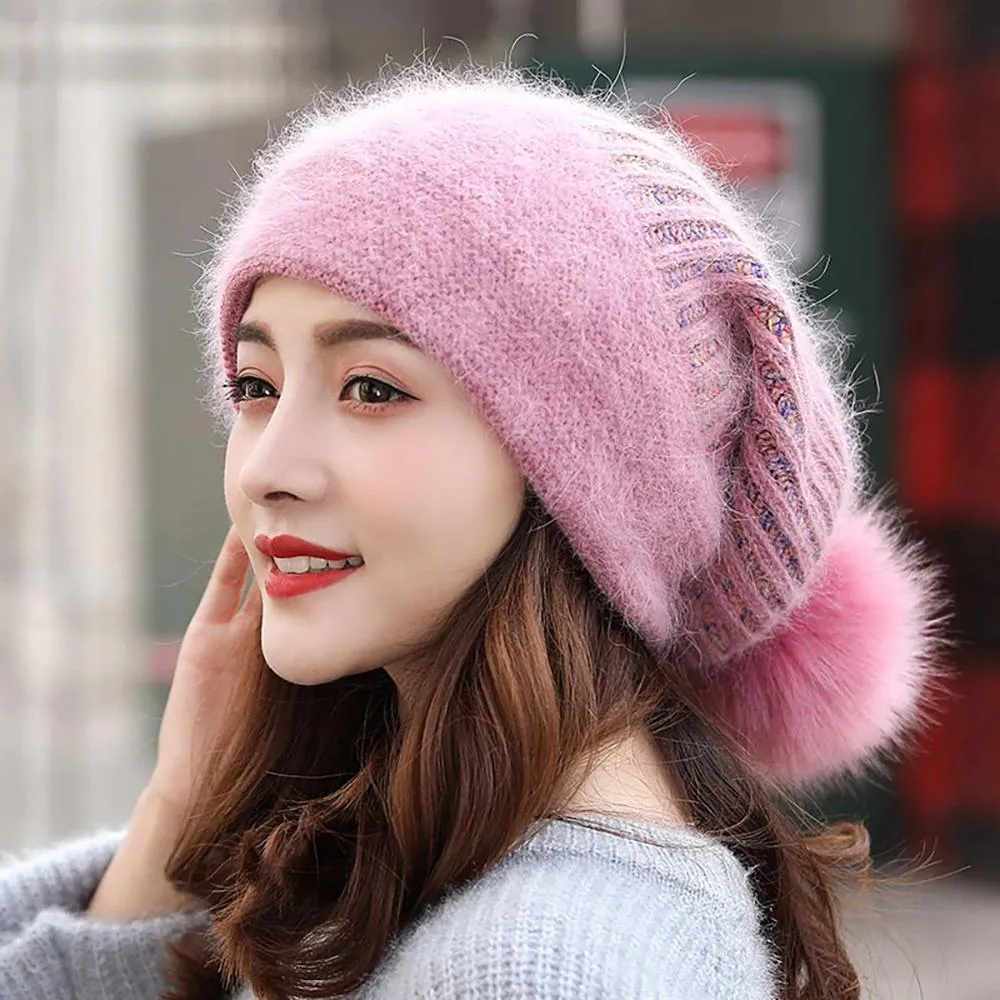 Fur Knit Pom Pom Beanie Hat