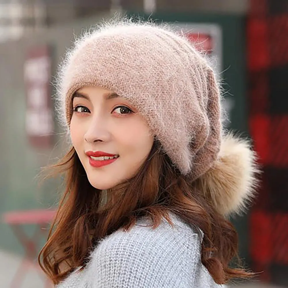 Fur Knit Pom Pom Beanie Hat