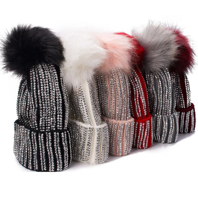 Fur Knit Rhinestone Winter Beanie Hats with Pom Pom