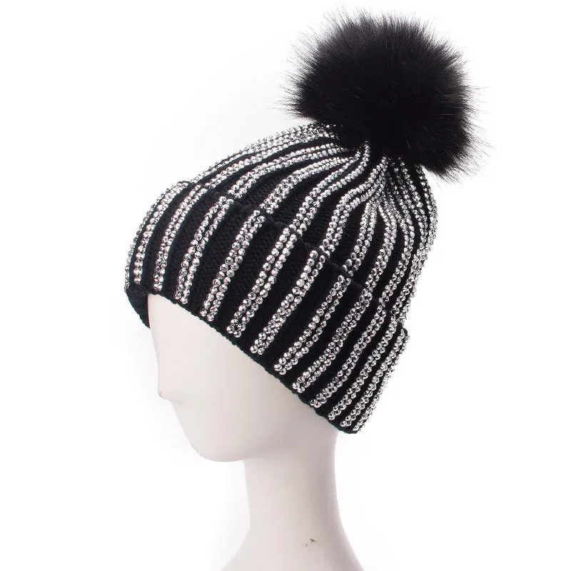 Fur Knit Rhinestone Winter Beanie Hats with Pom Pom