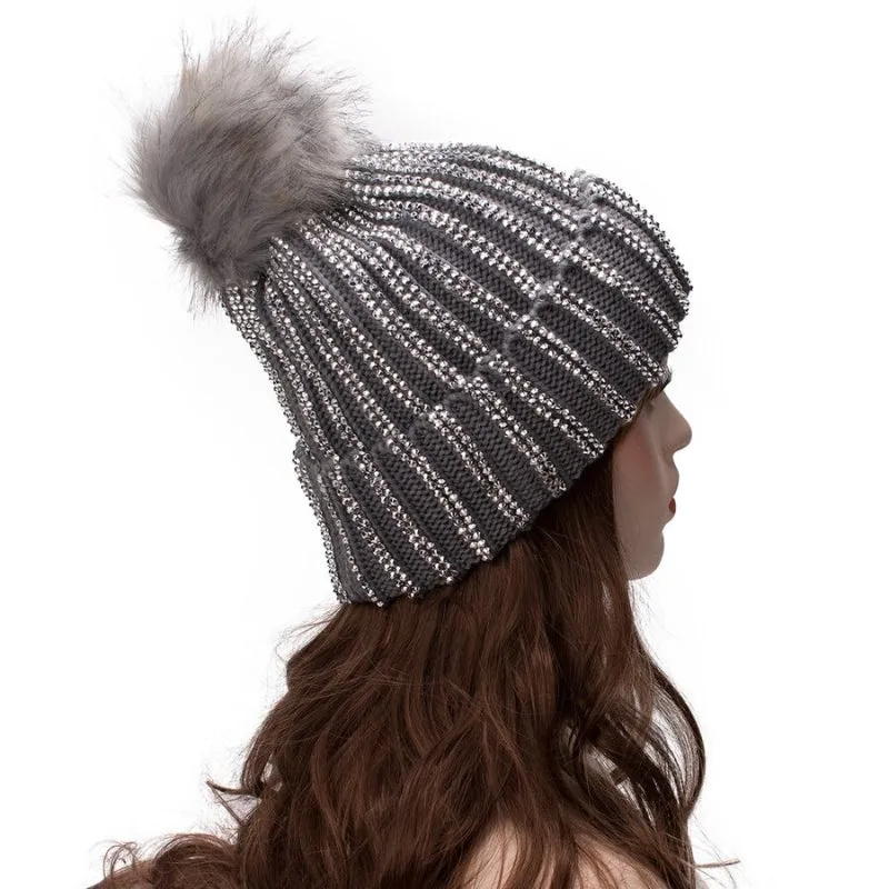 Fur Knit Rhinestone Winter Beanie Hats with Pom Pom