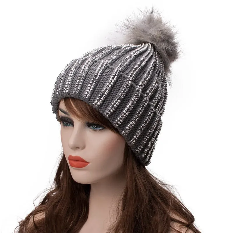 Fur Knit Rhinestone Winter Beanie Hats with Pom Pom