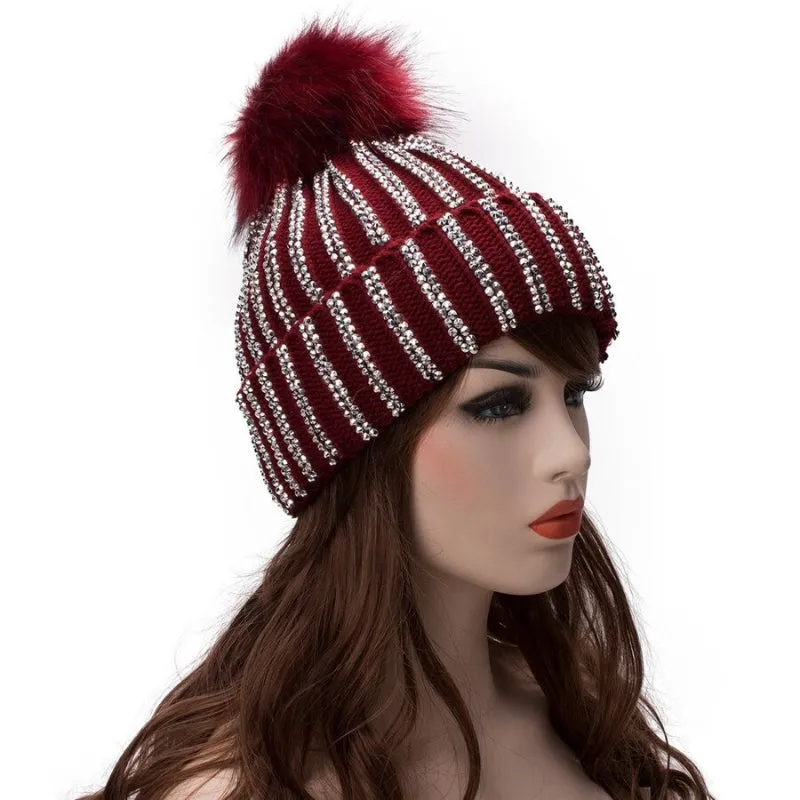 Fur Knit Rhinestone Winter Beanie Hats with Pom Pom