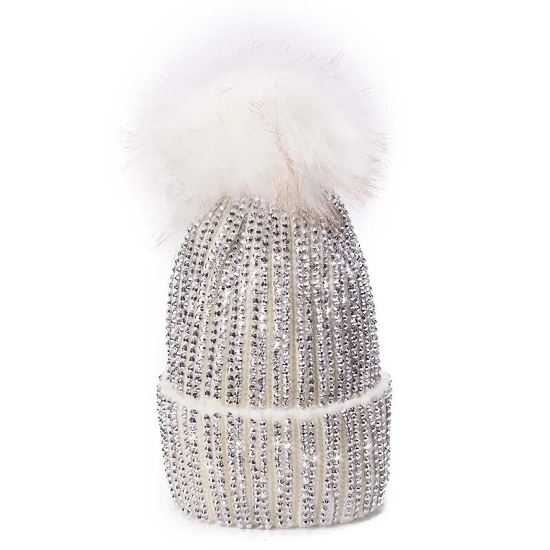 Fur Knit Rhinestone Winter Beanie Hats with Pom Pom