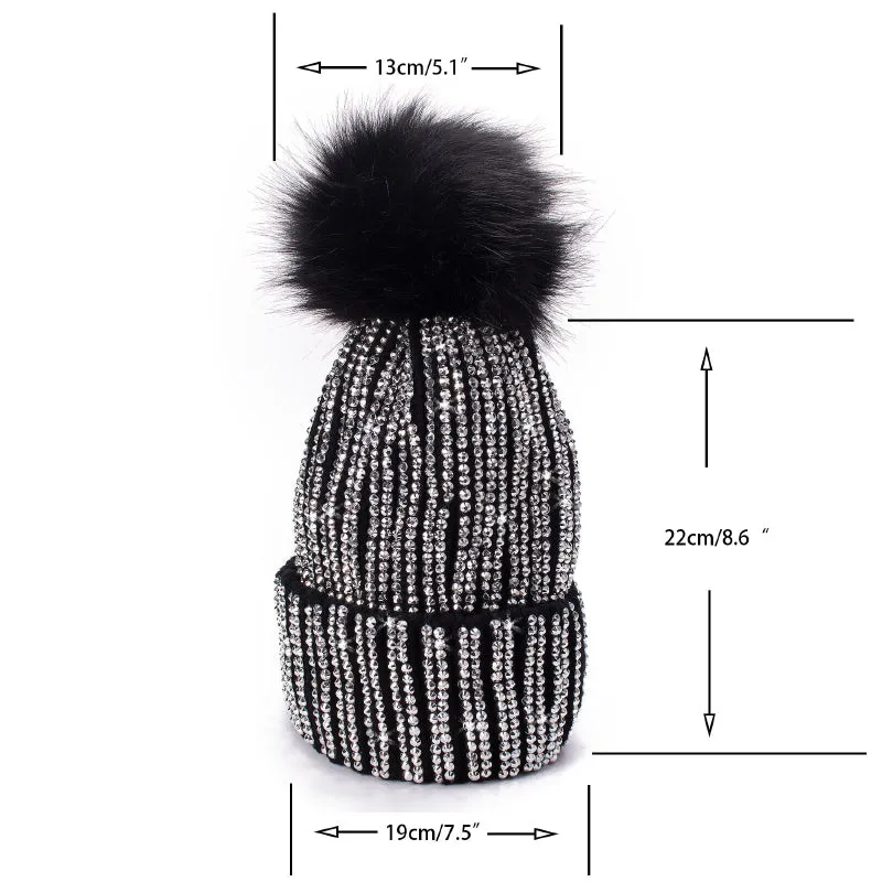 Fur Knit Rhinestone Winter Beanie Hats with Pom Pom