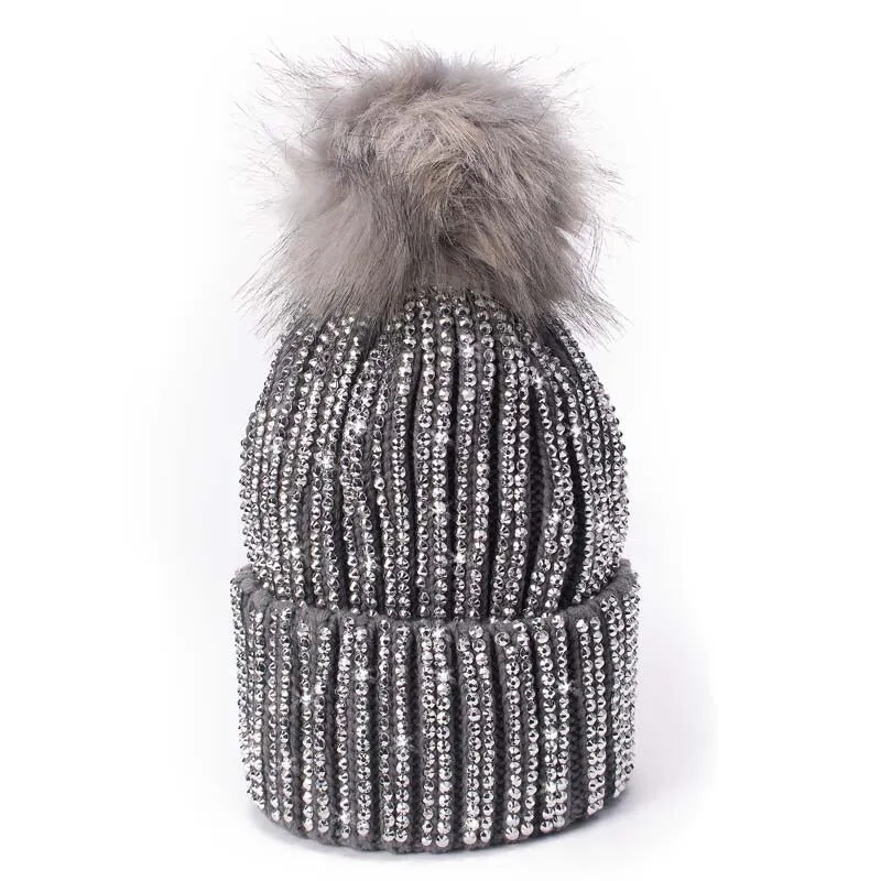 Fur Knit Rhinestone Winter Beanie Hats with Pom Pom