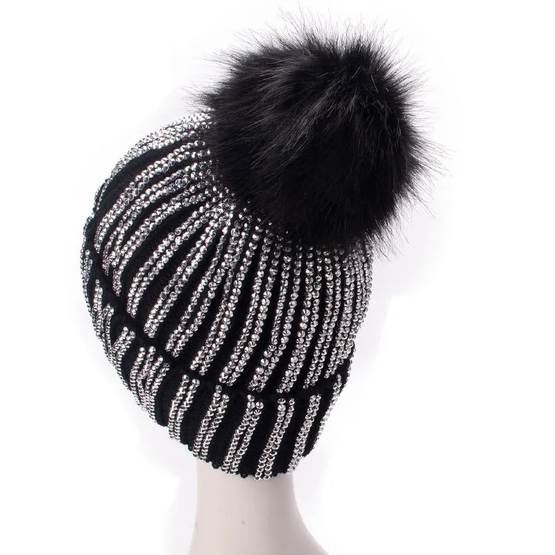 Fur Knit Rhinestone Winter Beanie Hats with Pom Pom