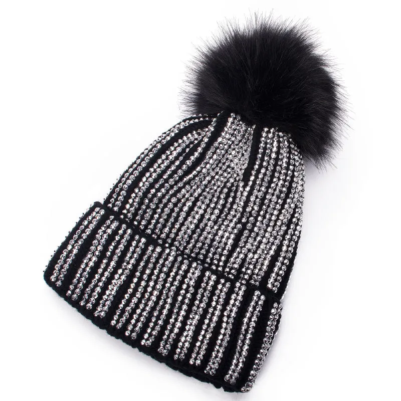 Fur Knit Rhinestone Winter Beanie Hats with Pom Pom