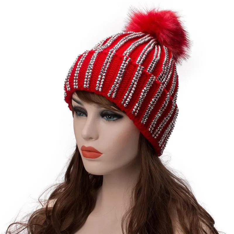 Fur Knit Rhinestone Winter Beanie Hats with Pom Pom