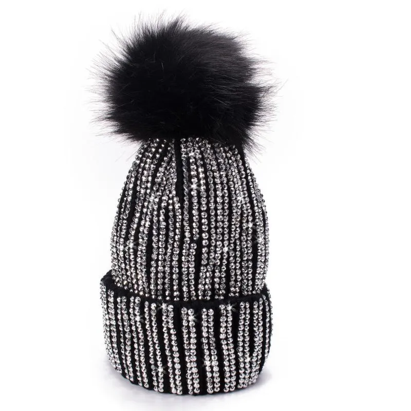 Fur Knit Rhinestone Winter Beanie Hats with Pom Pom