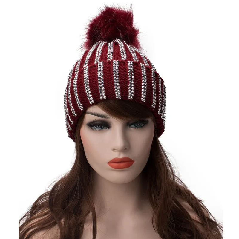 Fur Knit Rhinestone Winter Beanie Hats with Pom Pom