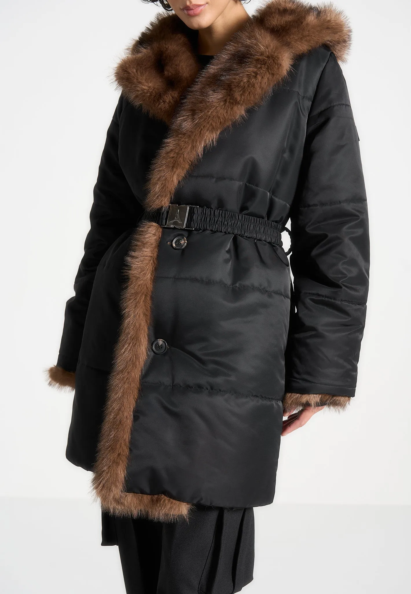 Fur Longline Belted Coat - Black