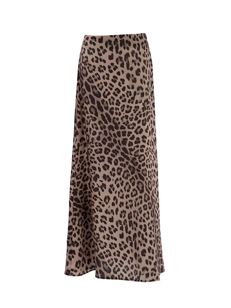 Girlary Spring Summer 2024 Women Sexy Maxi Leopard Skirts High Waist Flare Long Skirt Women Female