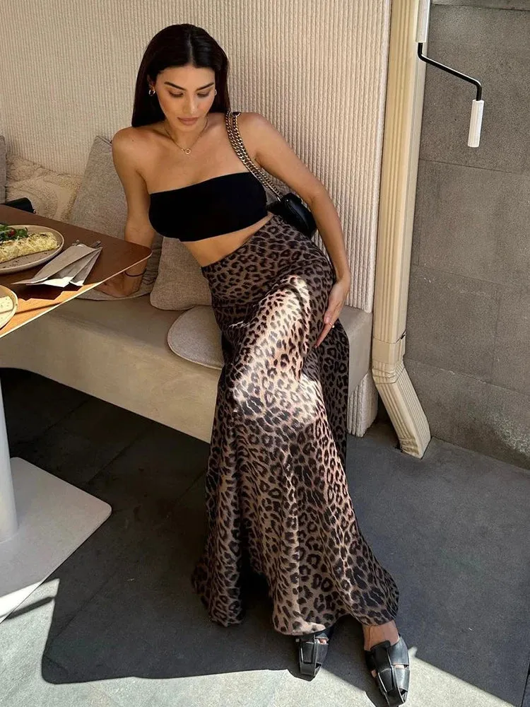 Girlary Spring Summer 2024 Women Sexy Maxi Leopard Skirts High Waist Flare Long Skirt Women Female