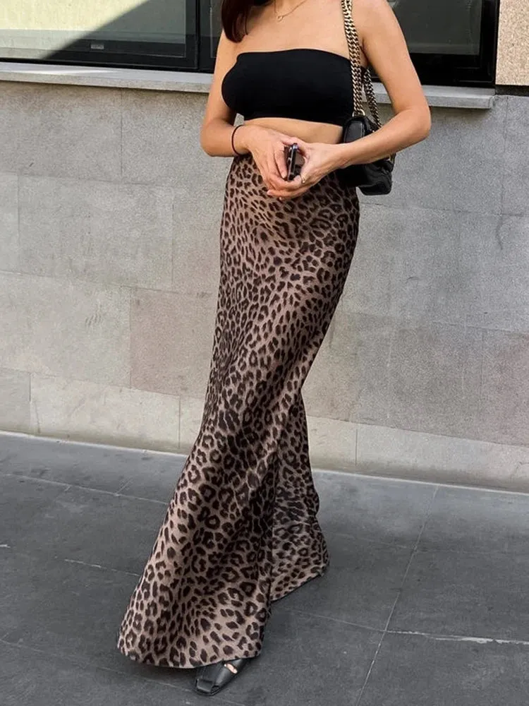 Girlary Spring Summer 2024 Women Sexy Maxi Leopard Skirts High Waist Flare Long Skirt Women Female