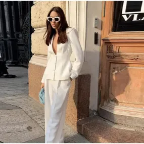 Girlary Women White 2 Pieces Set Deep V-neck Single Breasted Blazer Coat High Waist Pants Female Chic 2024 Autumn Office Lady Outfits