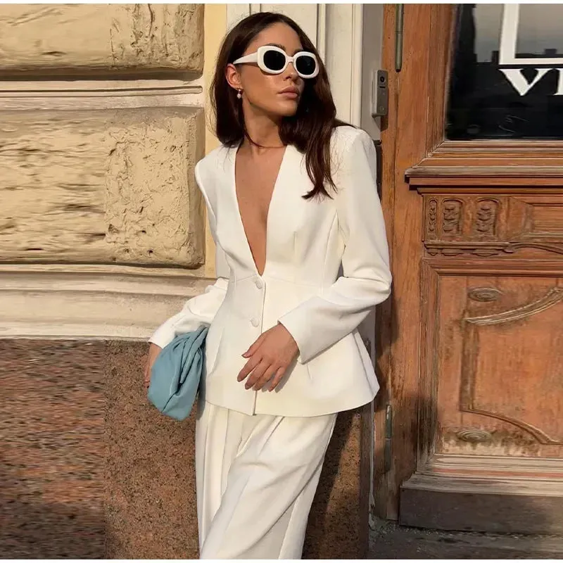 Girlary Women White 2 Pieces Set Deep V-neck Single Breasted Blazer Coat High Waist Pants Female Chic 2024 Autumn Office Lady Outfits